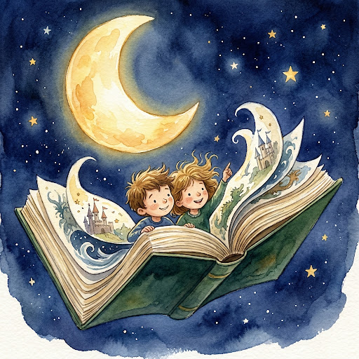 Children sailing through a moonlit sky on an open storybook
