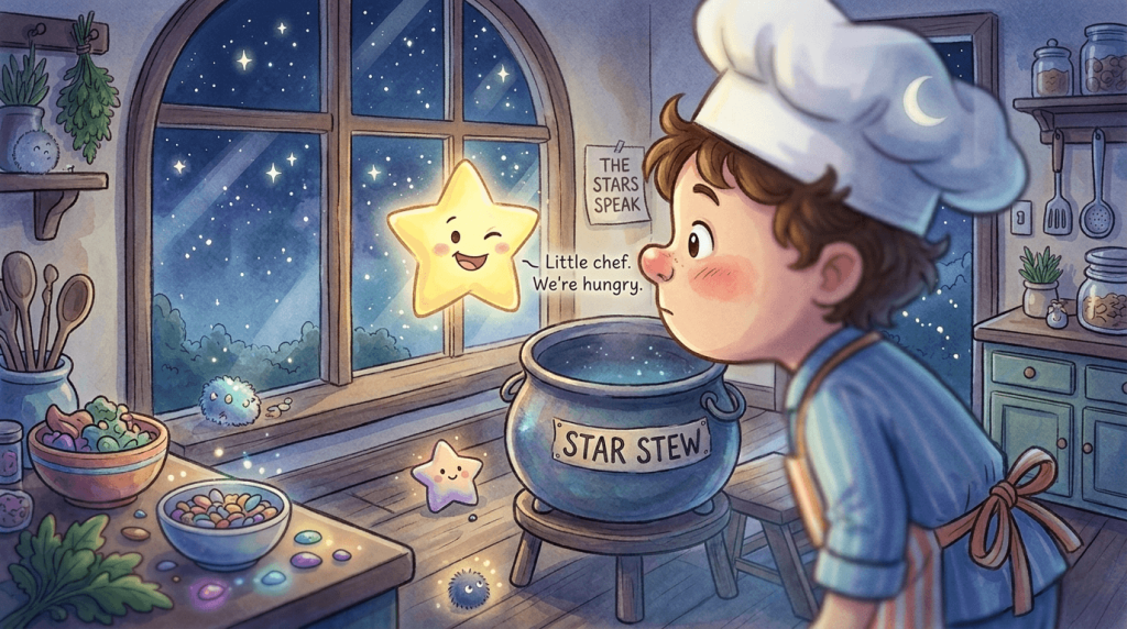 Theo stands on his bed beside the window, staring at a glowing sky filled with sparkling stars.