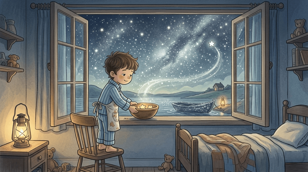 The night sky glows with countless bright stars as Theo places a bowl on his windowsill and climbs back into bed after feeding the stars.