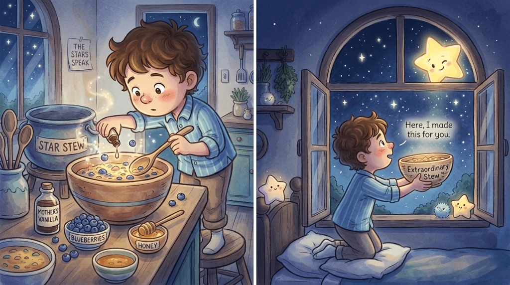 A little boy mixes honey, blueberries, soup, and cinnamon in a large bowl inside a moonlit kitchen.