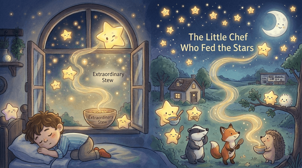 Golden steam rises from a bowl into the night sky as the stars glow brighter above Theo’s window.