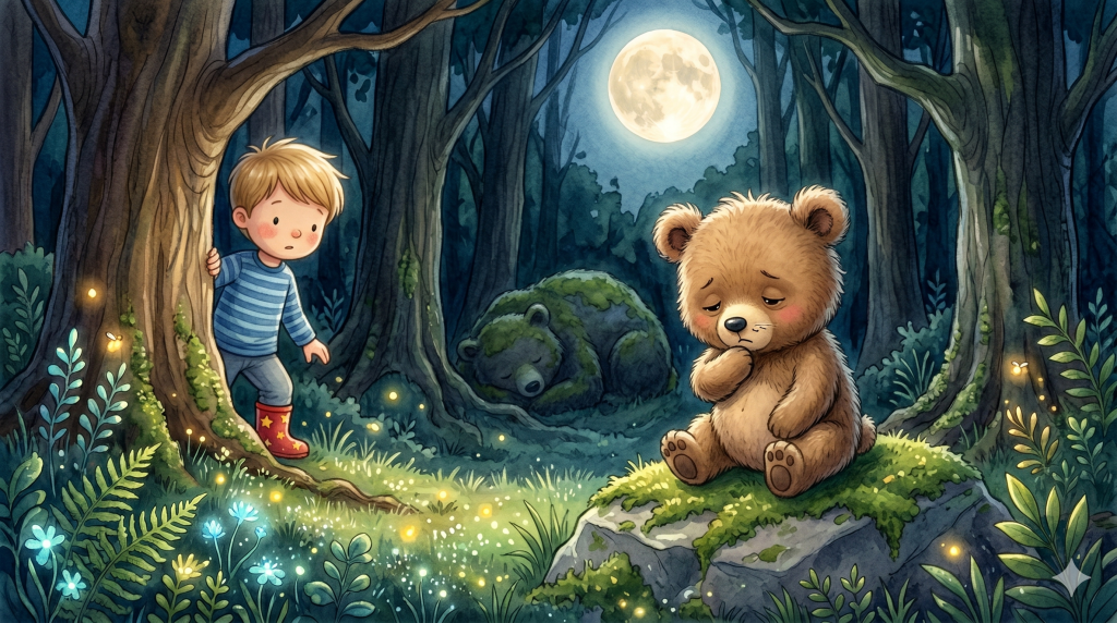 A small, fluffy, sleepy bear cub with button ears and a wiggling nose sitting on a mossy rock at the edge of a garden and woods in a children's storybook illustration style.