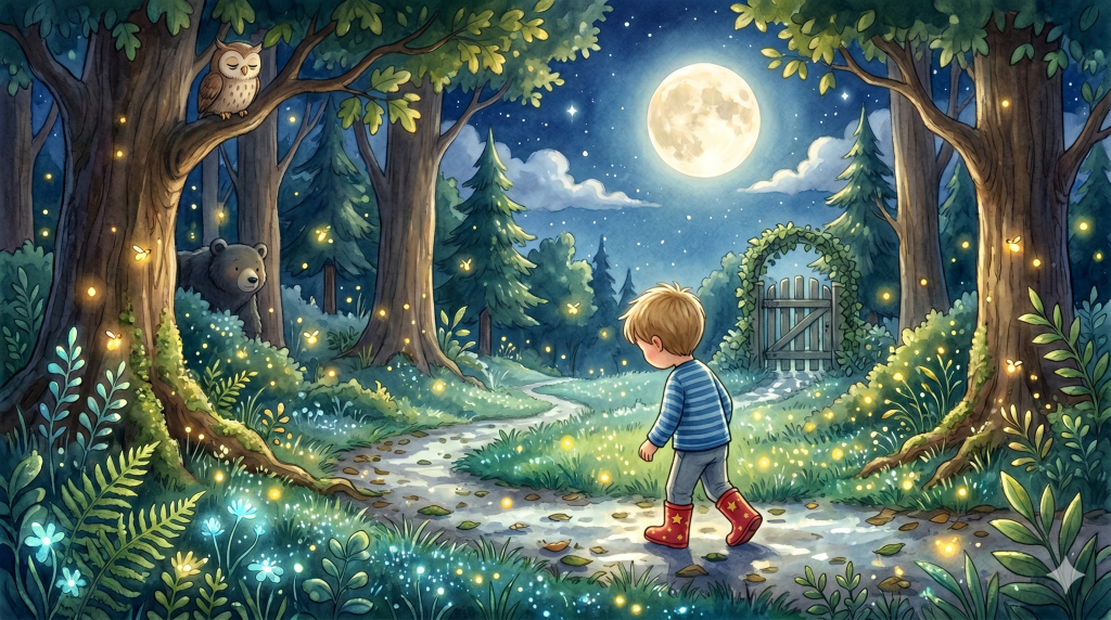 The fireflies guided him to his garden gate. The owl in the oak tree gave a single, sleepy whoo as he passed. The dew on the grass sparkled like a hundred tiny stars.
