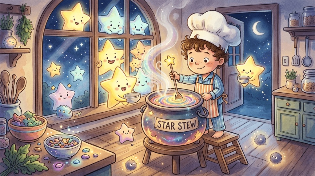 A young boy wearing an oversized red apron with white spots stands proudly in a cozy kitchen at night.